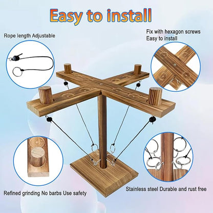 Hook Toss Game, Ring Toss Game, Handmade Wooden Ladder, Throwing Hook and Ring Battle Game for Family