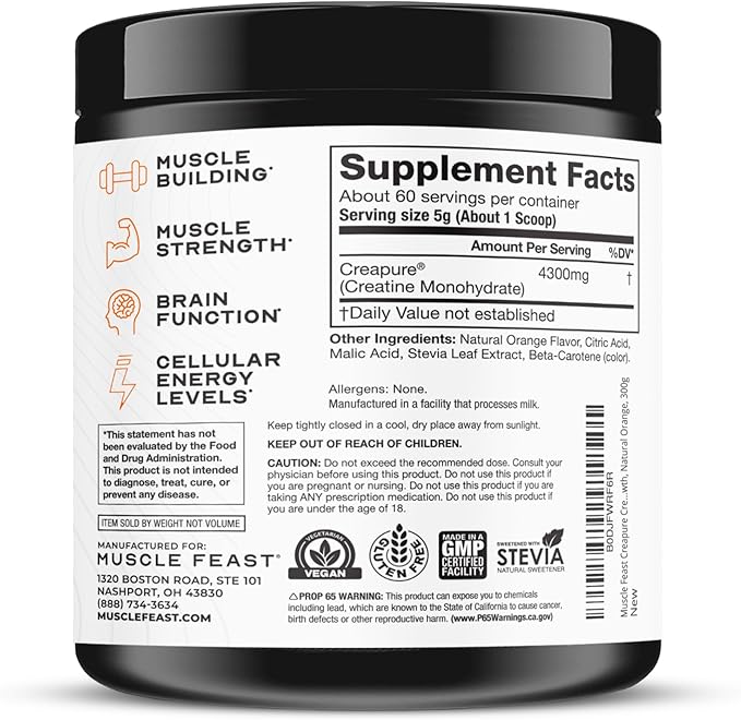Muscle Feast Creapure Creatine Monohydrate Powder, Vegan Keto Friendly Gluten-Free Easy to Mix, Muscle Recovery Supplement, Trusted Creatine for Muscle Growth, Flavored Creatine, Natural Orange, 300g