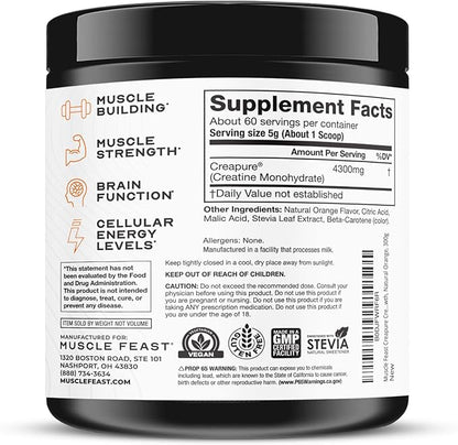 Muscle Feast Creapure Creatine Monohydrate Powder, Vegan Keto Friendly Gluten-Free Easy to Mix, Muscle Recovery Supplement, Trusted Creatine for Muscle Growth, Flavored Creatine, Natural Orange, 300g