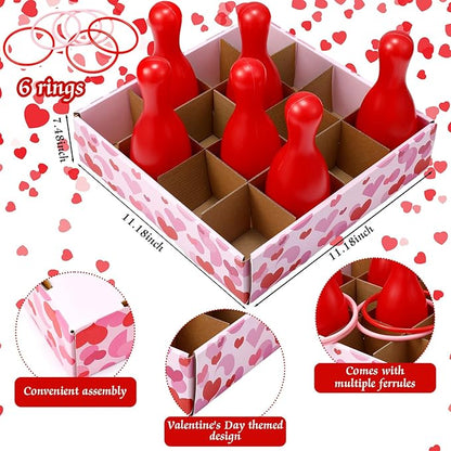 Wettarn Valentine Bottle Toss Game Valentine‘s Day Games Ring Toss with Pink Red Hearts Box 6 Plastic Bottles and 6 Throw Rings for Outdoor Bridal Shower Wedding Activity Party