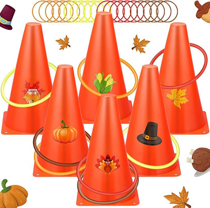 Jenaai 26 Pieces Fall Thanksgiving Ring Toss Game Outdoor Carnival Party Games Include 6 Pcs Fall Plastic Cones 20 Pcs Toss Rings for Thanksgiving Garden Throwing Toy Supply