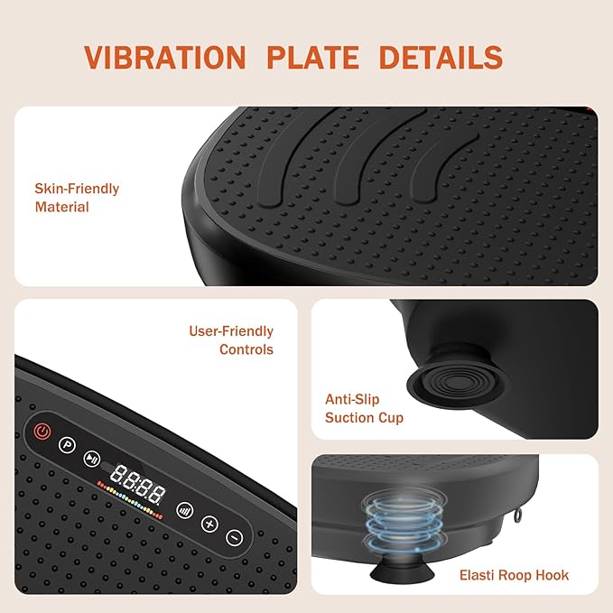 Vibration Plate Exercise Machine, Vibration Plate Platform with Bluetooth & Resistance Bands, Curved Design Full Body Workout Vibration Plate for Weight Loss, Muscle Recovery, Home