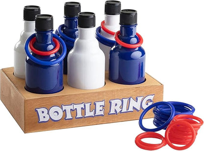 Ring Toss Bottle Carnival Game, 6 Plastic Bottles Targets and 24 Throw Rings, and a Wooden Base Box, Great for all Occasions and Events, Summer Backyard Fun, Holidays, Beach, Party Activities