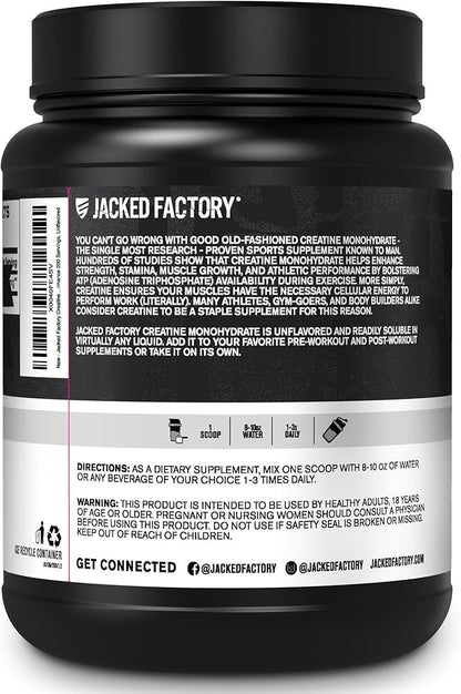 Jacked Factory Creatine Monohydrate Powder 1000g - 5g Daily Creatine Supplement for Men and Women, Vegan-Friendly, Third-Party Tested - 200 Servings, Unflavored