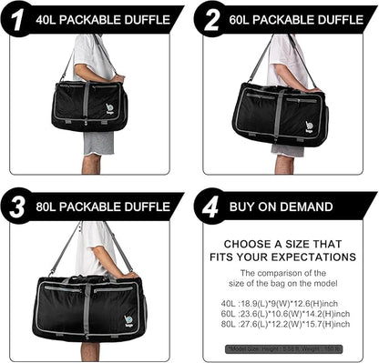 Bago Foldable Duffel Bags for Traveling Women & Men - 40L Sports Packable Duffle Bag for Travel with Shoe Compartment - Water Repellant, Heavy Duty, Lightweight Folding & Collapsible (SnowBlack)