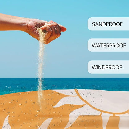 Large Beach Blanket Waterproof Sandproof, 9×10 FT Beach Mat Sand Free for 2-8 Adult with Stakes and Sand Pocket, Foldable Picnic Blankets for Outdoor, Camping Hiking, Vacation Essentials-Boho Sun Rise