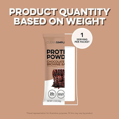 Clean Simple Eats Whey Protein Powder, Chocolate Brownie Batter Flavor, Naturally Sweetened, 100% Grass Fed Protein Powder, Digestive Enzymes & No Artificial Ingredients, Gluten Free, 10 Stick Packs
