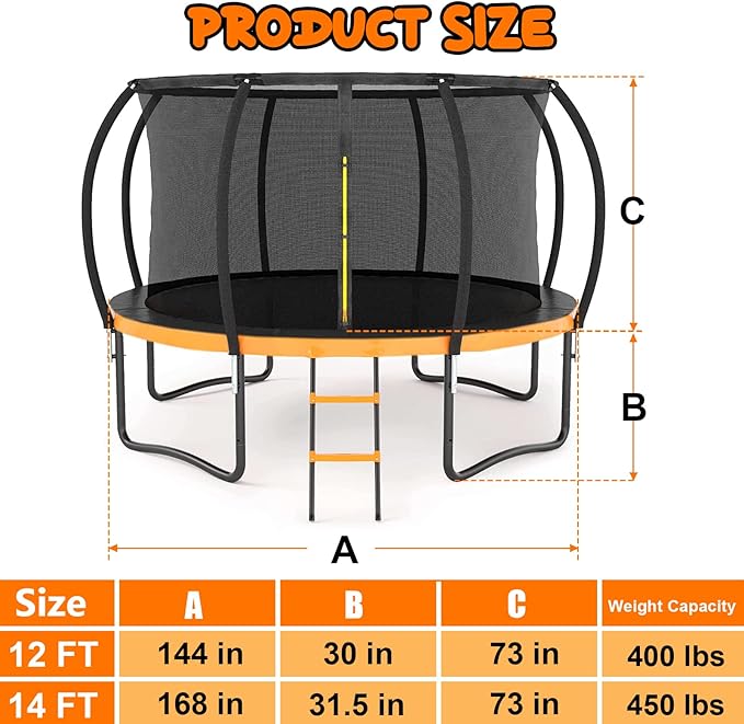 Trampoline 12FT 14FT 15FT 16FT for Kids/Adults - Outdoor Recreational with Enclosure Net Curved Poles and Ladder, Heavy Duty Anti-Rust Coating, ASTM Approval