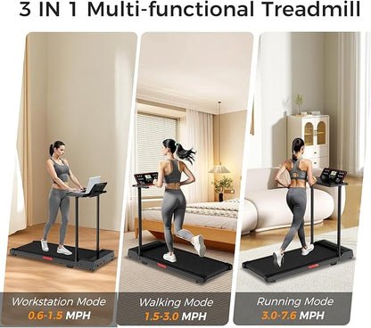 Treadmill with Handles, Treadmills for Small Spaces, 3.0HP Walking Pad Treadmills with Handle Bar & LED Display, Treadmill with Desk Workstation for Home Office, 320 LBS Capacity