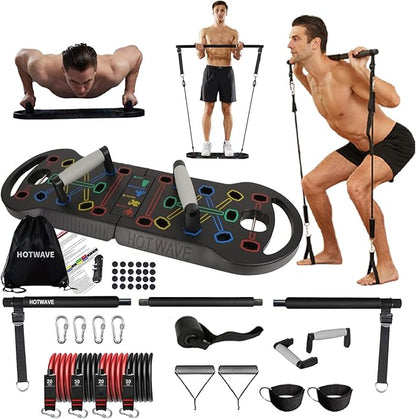 HOTWAVE Portable Exercise Equipment with 16 Gym Accessories.20 in 1 Push Up Board Fitness,Resistance Bands with Ab Roller Wheel,Full Body Workout at Home