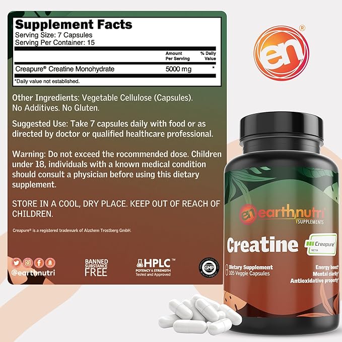 EarthNutri Creatine Monohydrate Capsules - Micronized for Better Absorption - Supports Muscle Growth, Strength & Recovery - 105 Capsules (5000mg per Serving, 7 Capsules)