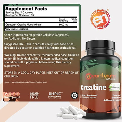 EarthNutri Creatine Monohydrate Capsules - Micronized for Better Absorption - Supports Muscle Growth, Strength & Recovery - 105 Capsules (5000mg per Serving, 7 Capsules)