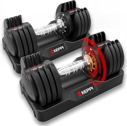 Keppi Adjustable Dumbbells Set-25lb/40lb/55lb/60lb, Anti-Slip Metal Fast Adjust Weight Handle, Exercise & Fitness for Full Body Workout - Adjustable Dumbbell Series