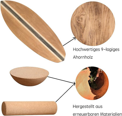 Wooden Balance Board with Cork Roller, 31.5 x 11.8 inch Board, Training Balance Trainer