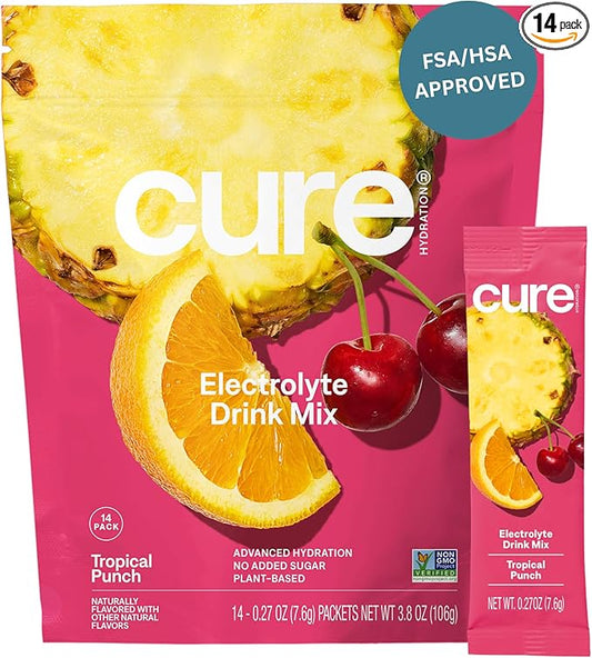 Cure Hydration | Plant-Based Electrolyte Drink Mix | No Added Sugar | FSA-HSA | Dehydration Relief