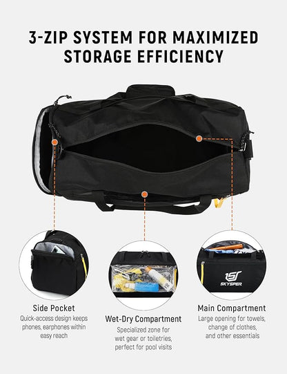 SKYSPER 30L Gym Duffel - Sports Bag Small with Wet Pocket for Sport, Travel, Fitness & Workout Men Women(Black)