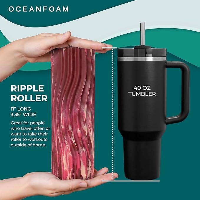 Oceanfoam Ripple Travel Foam Roller (11" x 3.35") Firm Mini Foam Roller for Physical Therapy, Deep Tissue Massage, Back Pain - High Density, Wave Textured - Yoga (Maroon, Blush & Hot Pink Marbled)