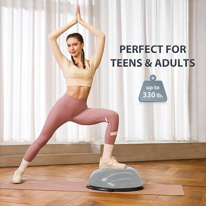 ZELUS Balance Ball Trainer with Resistance Bands and Foot Pump, Inflatable Yoga Ball for Home Gym Workouts, 23 Inch Exercise Half Ball for Balance Training Core Strength Fitness More, 330lb Cap