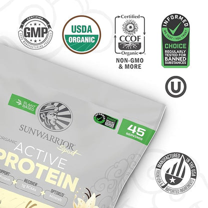 Sunwarrior Organic Plant Based Protein Powder | Vegan Organic Protein Powder with BCAA Amino Acids Plus Recovery Minerals & Botanicals | Non-GMO Soy Dairy & Gluten Free (Vanilla, 45 Servings)