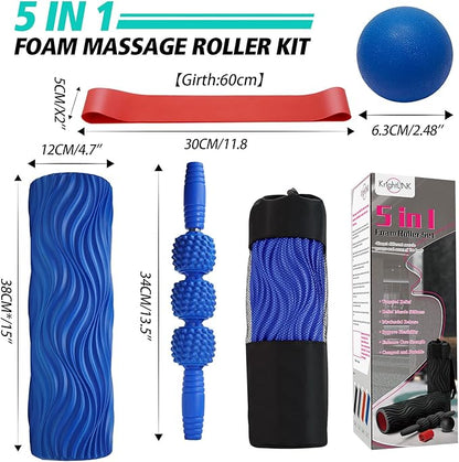 5-in-1 Foam Roller Set, Massage Roller Stick, Massage Ball, Resistance Band for Deep Muscle Massage, Trigger Point Release, Pilates, Yoga (Blue-Wave)