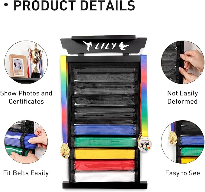 Tilhumt 12/10 Belts Karate Belt Display Rack with Stickers, Taekwondo Belt Display with Trophy/Photo Rack, Felt Dustproof Design, Easy to Put in Belt, Martial Arts Belt Display for Adults