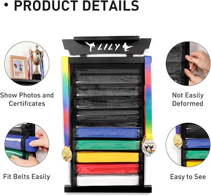Tilhumt 12/10 Belts Karate Belt Display Rack with Stickers, Taekwondo Belt Display with Trophy/Photo Rack, Felt Dustproof Design, Easy to Put in Belt, Martial Arts Belt Display for Adults