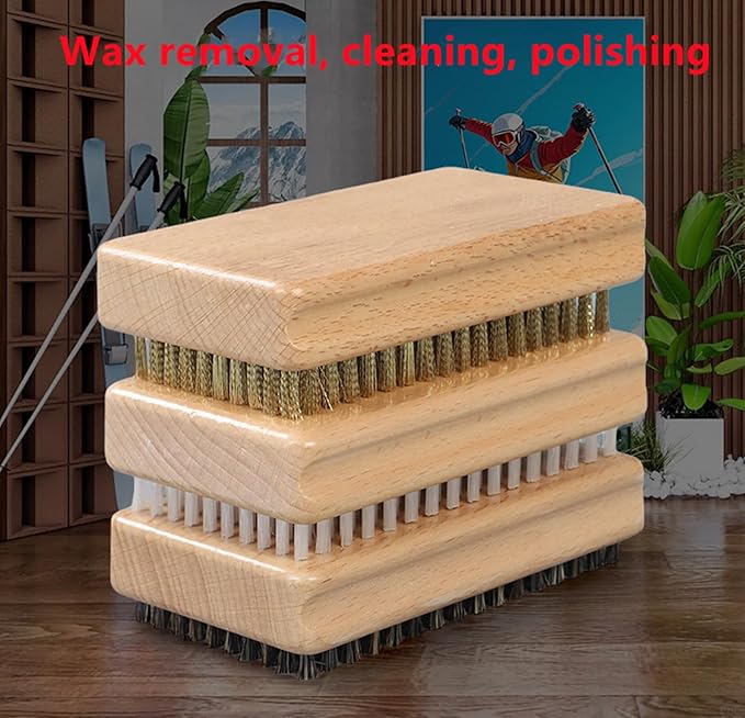 3 Pieces of ski Wax Brush, ski Brush Wooden Hand Brush Set, Brass Brush, Nylon Brush, Horsehair Brush, Size 4.7 "X 2.8", Outdoor ski waxing, Cleaning, Wax Removal, polishing,Snowboard Wax Brush