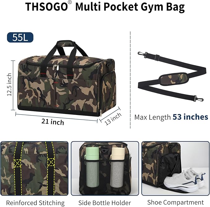 21 inch Gym Bag for Men with Shoe & Wet Compartment - 55L Duffle Bag for Travel Sport (Camouflage)