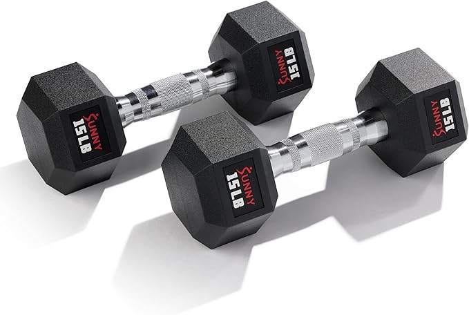 Sunny Health & Fitness Hex Style Dumbbell 5 LBS TO 50 LBS Chrome Handles, Hand Weight for Strength Training, Home Gym, Exercise, Workout Equipment Multiple Size Options