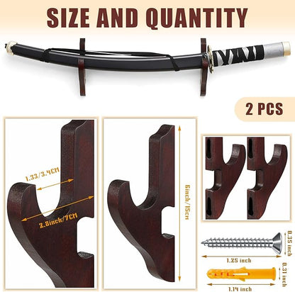 Chunful 2 Pcs Sword Wall Mount Sword Holder Katana Stand 1 Tier Hanger Adjustable Wooden Mounts for Samurai(5.91 x 2.76 x 1.38 Inches,Reddish Brown)