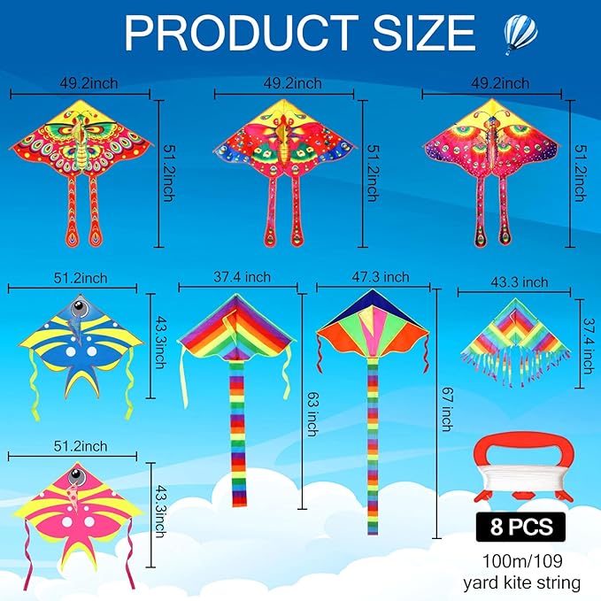 8 Pack Kites for Kids Butterfly Fish Rainbow Delta Pattern with 8 Pcs 109 Yard Kite String Large Easy to Fly for Children Adults Spring Outdoor Beach Games