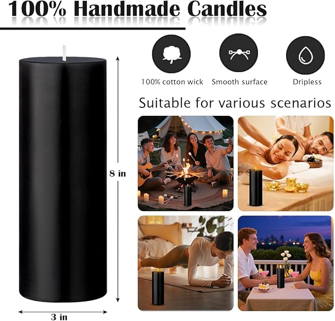 2 Packs 3x8 Inch Black Pillar Candles, Dripless Unscented Cylinder Wax Candles for Wedding, Home Decor, Dinner Table, Party, Power Outage, Emergency - 100 Hours Burn Time