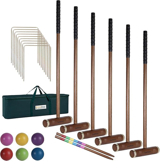 35’’ Six Player Croquet Game, Croquette Set with Premium Wooden Mallets/Colored Balls/Wickets/Stakes/Carrying Bag, Classic Outdoor Backyard Lawn Games for Teens Adults Family