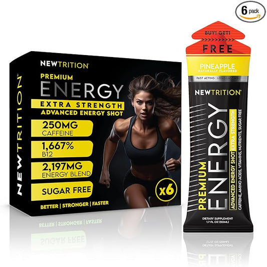 NewTrition® Extra Strength Energy Shots, 250mg Caffeine Energy Shots with Vitamin B & Amino Acids, Sugar-Free Vitamin Energy Shot, 1.7 fl oz (Pack of 6, Pineapple)