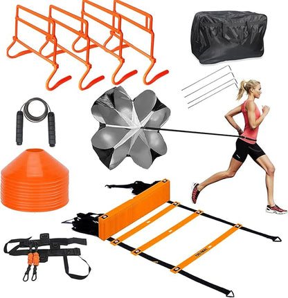 TOCO FREIDO Speed&Agility Training Set – 20ft Agility Ladder Set with 12 Rungs, 4 Adjustable Training Hurdle, 12 Disc Cones, 2 Resistance Bands, 1 Running Parachute and Footwork Drills Equipment