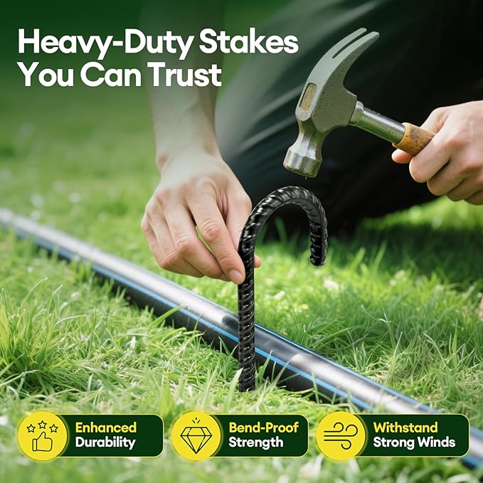 12 Inch Rebar Stakes Heavy Duty 10 Pack, J Hook Ground Stakes, Galvanized Steel Trampoline Stakes, Tent Anchor Kit Anti-Rust, Drip Hose Wind Stakes, Black