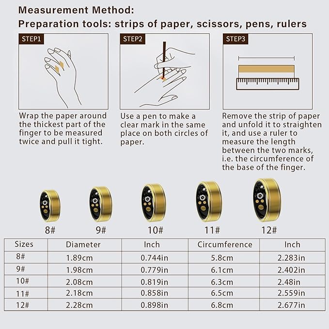 Activity Tracker Ring for Men Women ??Smart Health Ring with Heart Rate, SpO2, Blood Pressure, Sleep Monitoring, Step & Calorie Counter, 5ATM Waterproof, No Subscription Fee (Gold 9)