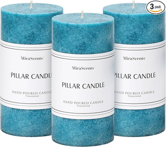 3x6 inch Blue Pillar Candles Set of 3, Unscented Pillar Candle, Dripless and Smokeless Large Candles, Candle for Home Decor, Dinner Table,Weddings, Holidays