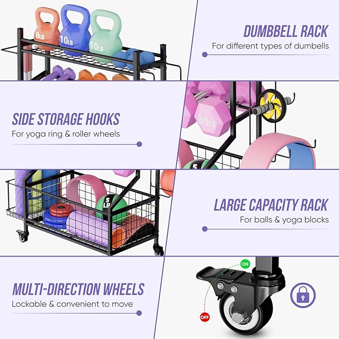 WUC Adjustable Dumbbell Rack, Weight Rack for Home Gym Storage, All-in-One Workout Equipment Storage with Wheels and Hooks for Dumbbells, Kettlebells, Yoga Mats & Balls, Durable Powder Coated Steel