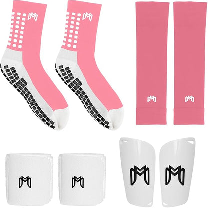 Soccer Grip Socks, Shin Guards, Pre Cut Sock Sleeves, and Guard Straps Bundle Pack - Essential Equipment for Soccer Players - for Mens, Women, Youth, Size 7 to 12 US Men Shoe Size