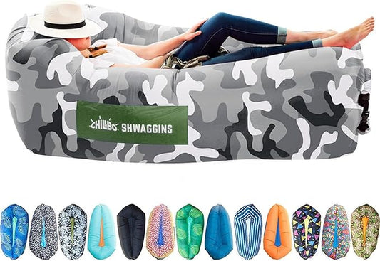 Chillbo Shwaggins Inflatable Couch – No-Pump Setup, Ripstop Polyester, Stability Pegs, Fun Prints