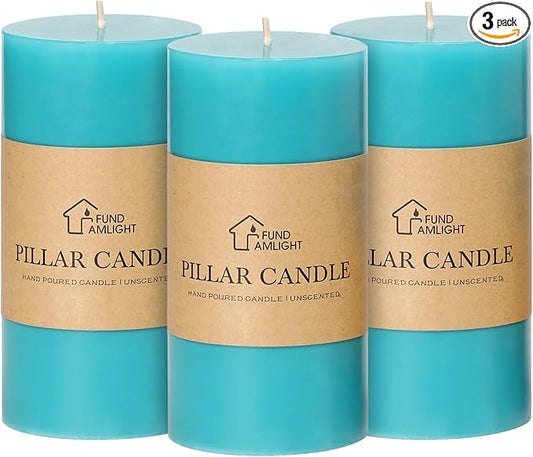 3x6 Inch Blue Pillar Candles Set of 3 - Unscented Pillar Candles, Long Burning Dripless Candles for Spring Home Table Decor, Smokeless Large Pillar Candle for Wedding, Dinner, Christmas, Rustic Decor