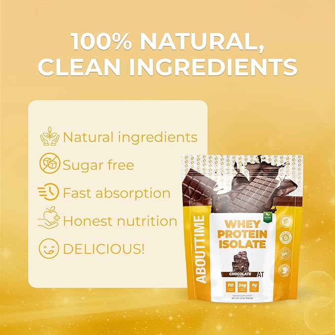 About Time Whey Protein Isolate Powder 24g Chocolate, Natural Ingredients, Non-GMO, Gluten-Free, Lactose-Free, Zero Sugar, Low Carb, 32 Servings