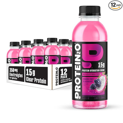 Protein2o Hydration Drink - 2-in-1 Liquid Clear Whey Protein Isolate and Electrolyte Drink - 15g Protein, Vitamins B5, B6 - Post-Workout Recovery - 16.9 Fl Oz - 12 Count Dragon fruit Blackberry