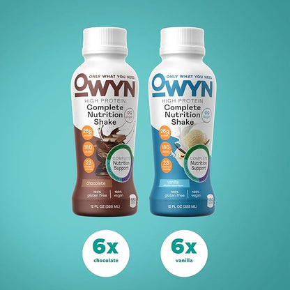 OWYN Only What You Need High Protein Plant Based Complete Nutrition Shake, Chocolate & Vanilla Variety Pack, 12 Fl Oz (12 Pack)