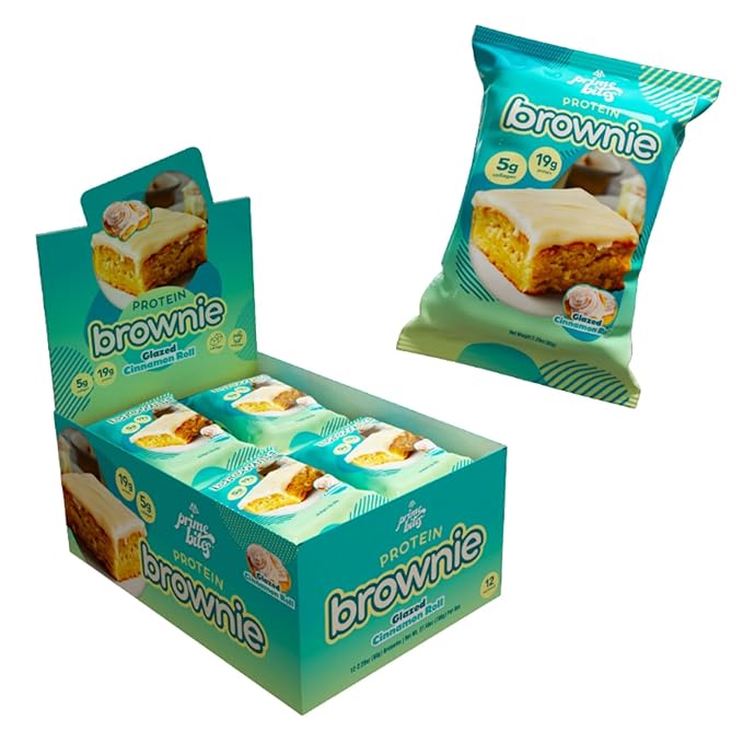 Prime Bites Protein Brownie from Alpha Prime Supplements | High Protein, Collagen Fortified Low Sugar Treat | Delicious Snack | 12 Bars per Box (Glazed Cinnamon Roll)