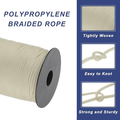 MECCANIXITY 1/8 Inch Polypropylene Rope Braided Ropes, 328ft Nylon Rope Hollow Utility Cord for Clothesline, Camping, Hiking, Outdoor, Camel Grey