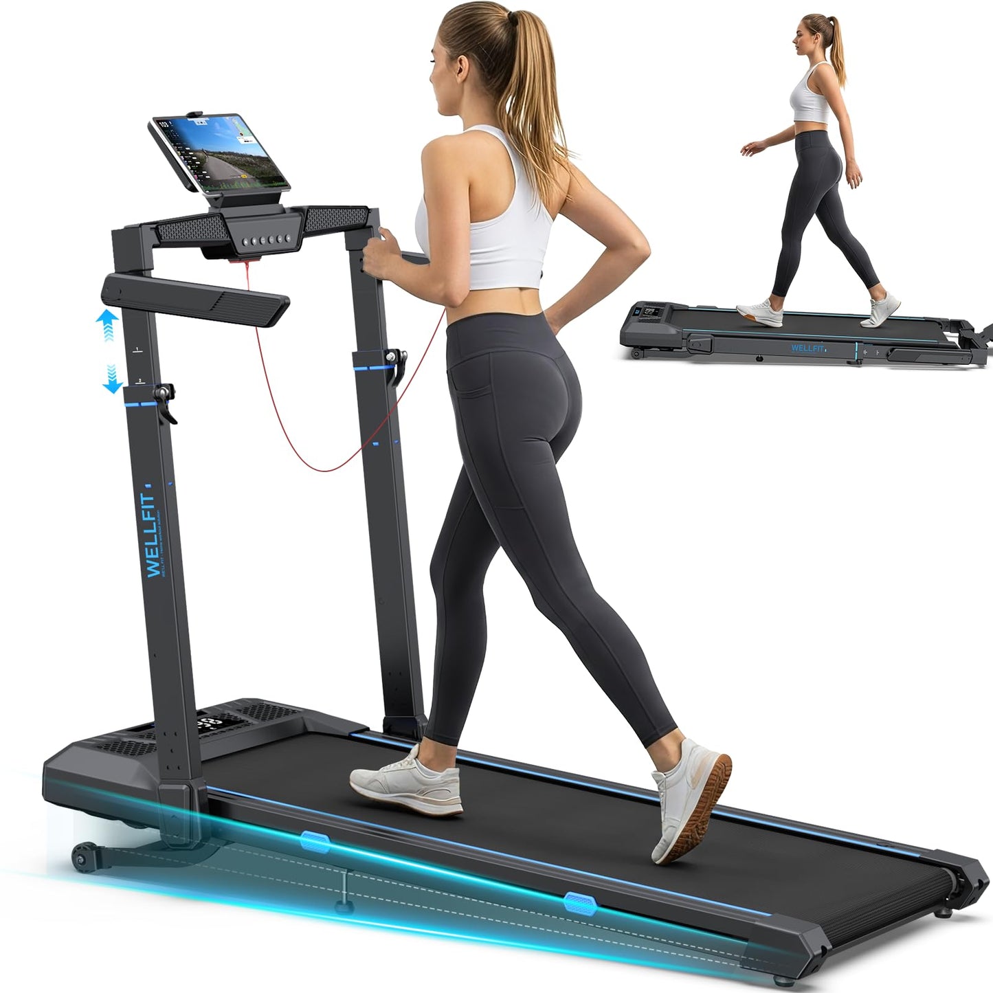 WELLFIT Foldable Treadmill with Auto Incline, 400+ LBS, Adjustable Height