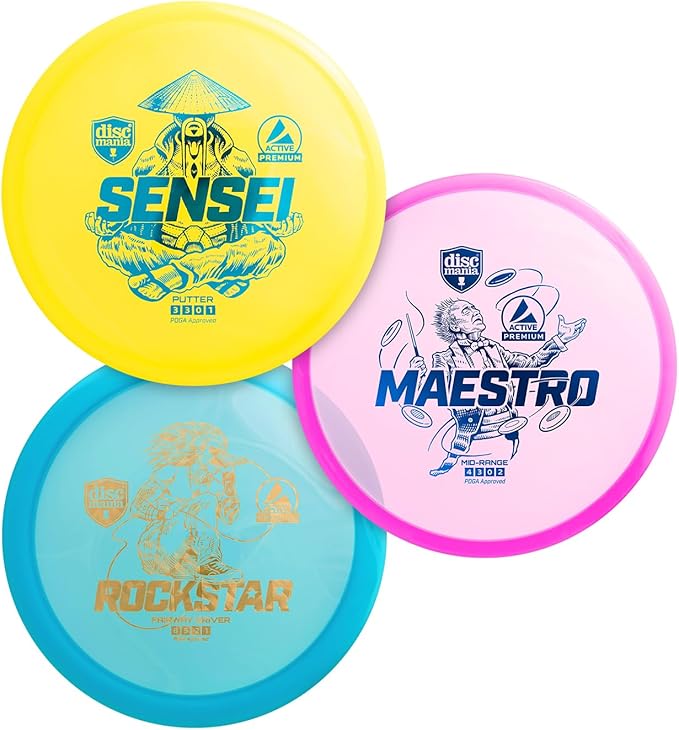 Discmania Disc Golf Starter Set (3 Pack) | Active Premium Disc Golf Set for Beginners | Sensei, Maestro & Rockstar | Premium Plastic, Easy to Throw | Ideal Gift for New Players (Colors May Vary)