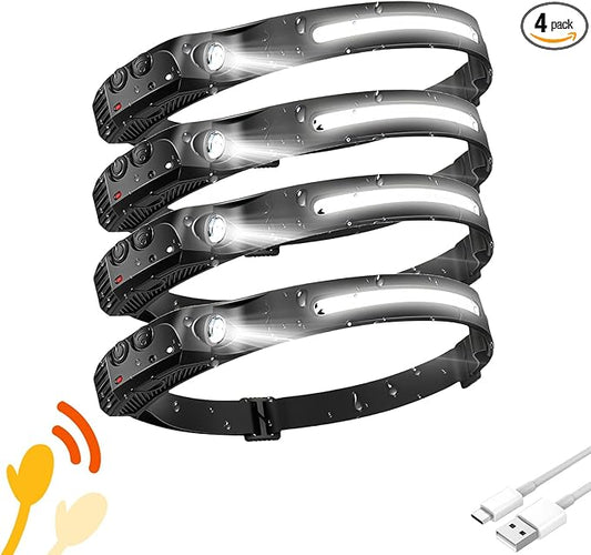 Headlamp 4 PCS, 230° Wide Beam Head Lamp, Motion Sensor LED Headlamp Rechargeable, 5 Mode Headlight